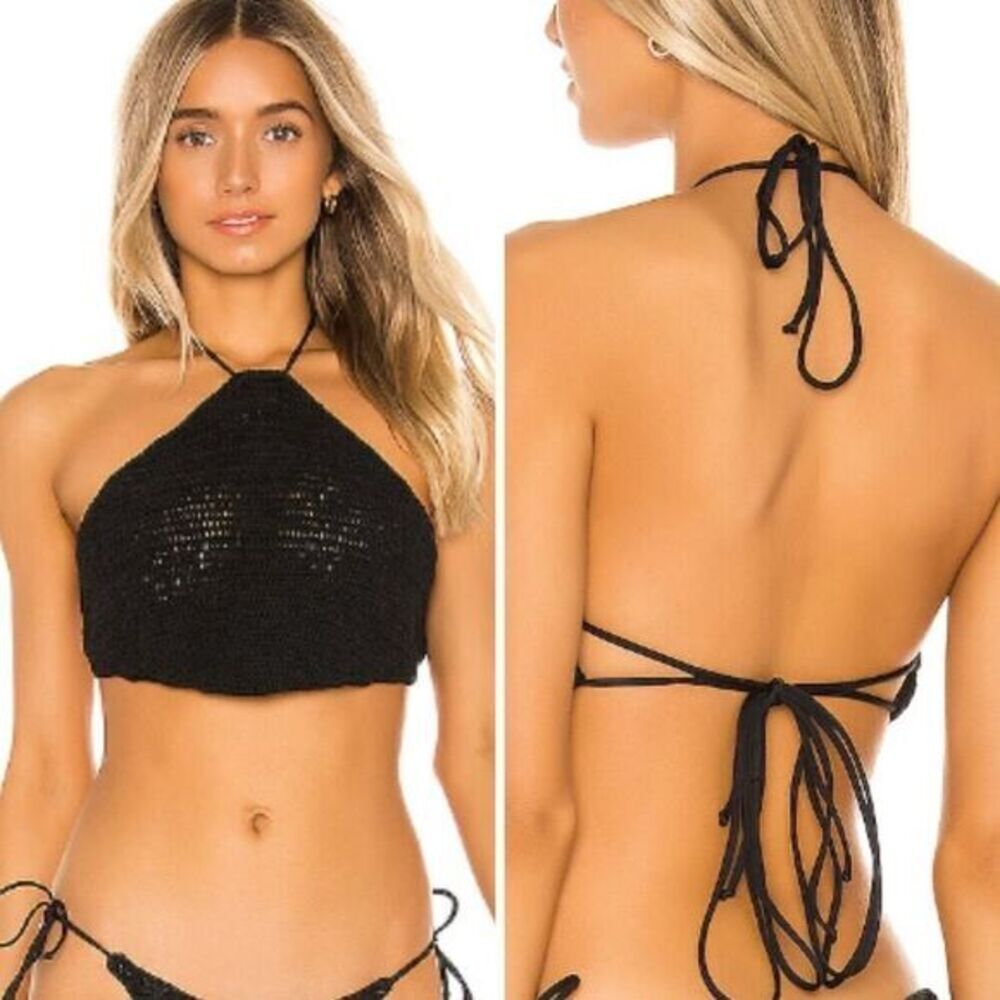 New! Frankies bikini jimi black crochet halter bikini‎ top 100% cotton, size S